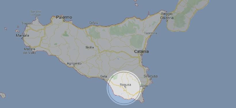 Kaart van Sicilië met de provincie Ragusa uitgelicht